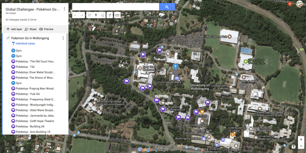 Pokemon GO map of Pokestops on the University of Wollongong Campus